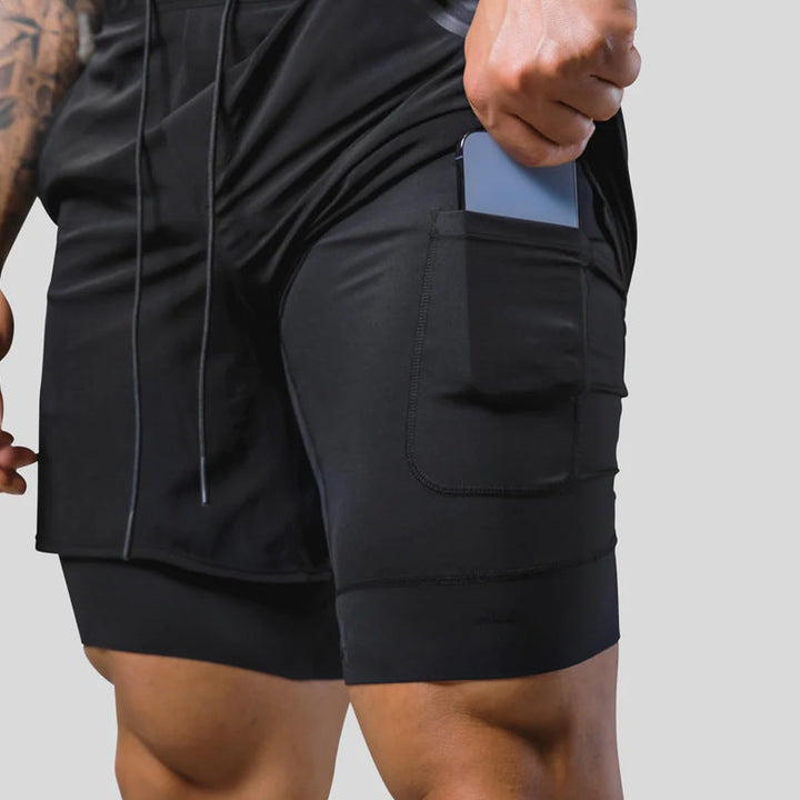 Herrers Layered Running Shorts Med Dragkedja För Prestanda Aktivkläder