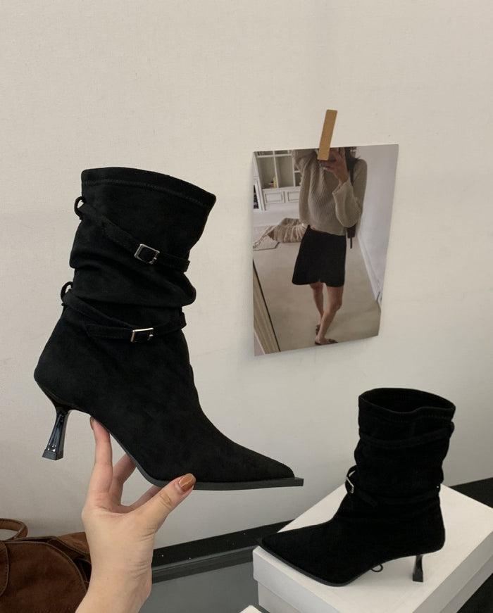Dam Ankelboots med Rynkad Skaft och Spetsig Tå