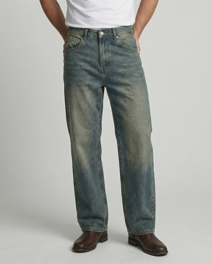 Herr Raka Jeans Tvättad Finish Retro-Stil för Vardagsliv