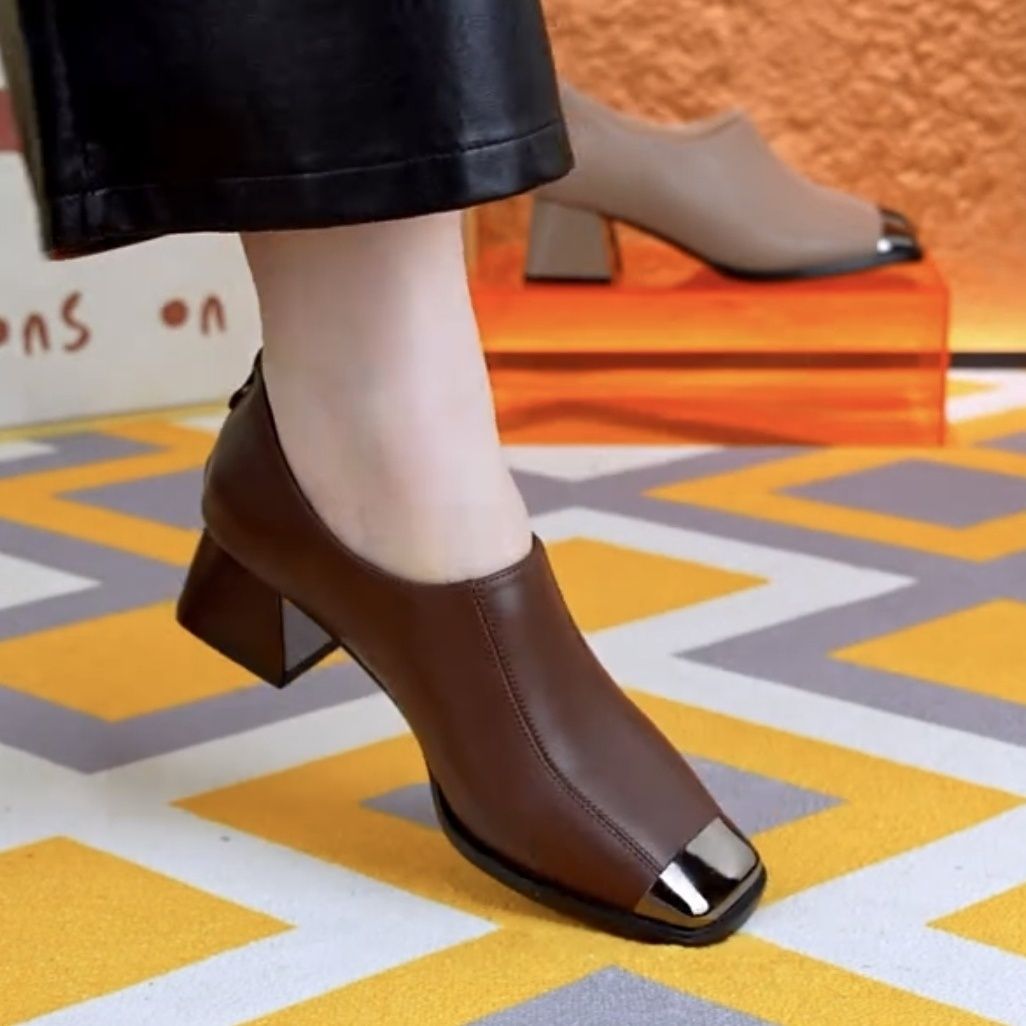 Damers Fyrkantiga Tå Läder Slip-On Blockklack Pumps