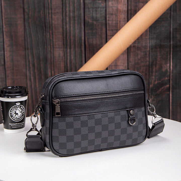Herrars Rutig Läder Crossbody Messenger Bag Med Dragkedjeavdelningar