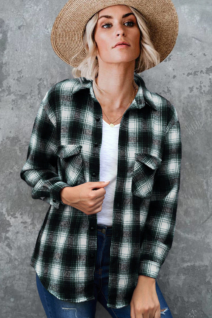 Kvinnors Flanellrutigt Skjortjacka Med Fickor – Varm, Bekväm, Stilren, Avslappnad, Lager-på-Lager, Vardaglig Passform