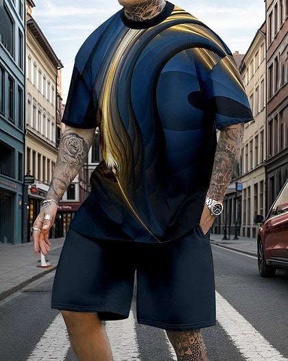 Herrens Tryckta Oversized T-shirt och Avslappnade Shorts Set