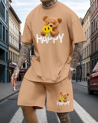 Herrens Tryckta Oversized T-shirt och Avslappnade Shorts Set