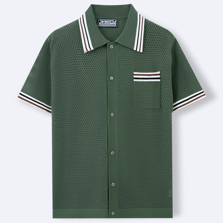 Herrens Texturerade Knit Polo Skjorta Med Randig Kant och Knäppning Fram