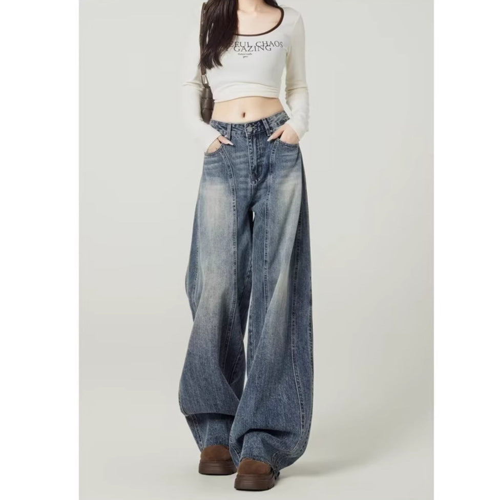 Kvinnors Högmidjade Tvättade Vida Ben Barrel Denim Jeans
