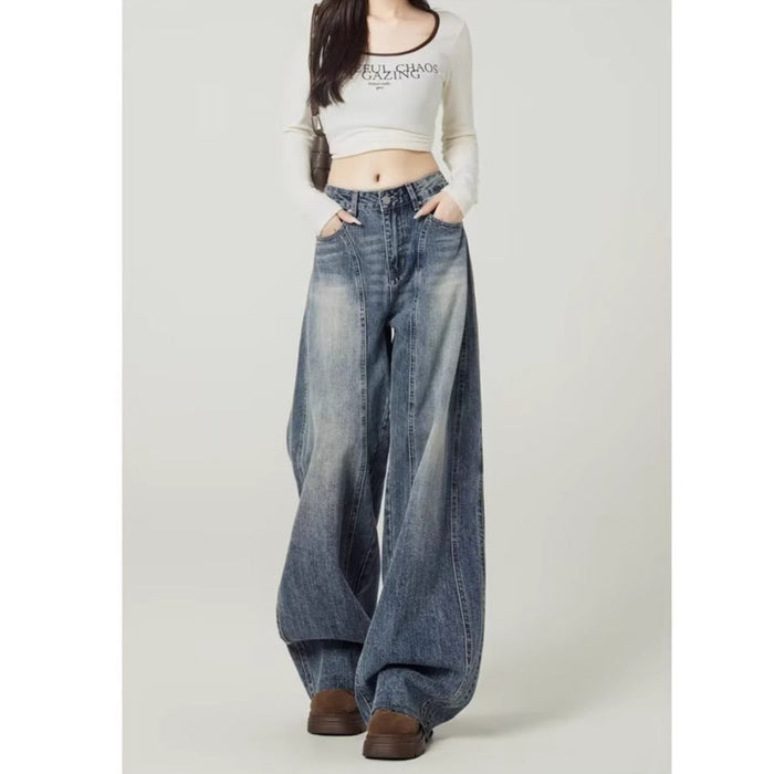 Kvinnors Högmidjade Tvättade Vida Ben Barrel Denim Jeans