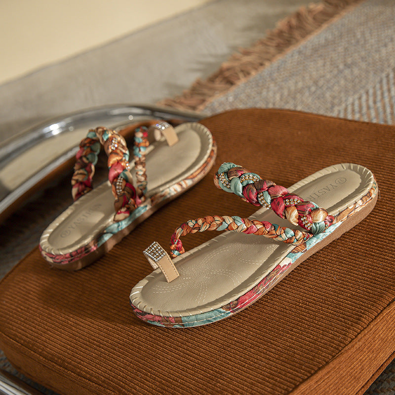 Kvinnors Bohemiska Flätade Tåring Platta Sandaler