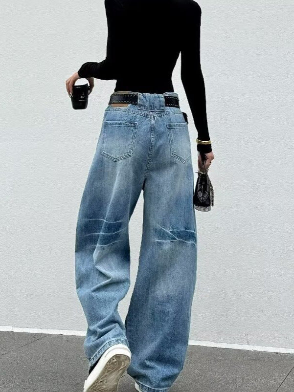 Kvinnors Högmidjade Tvättade Barrel Leg Denim Jeans