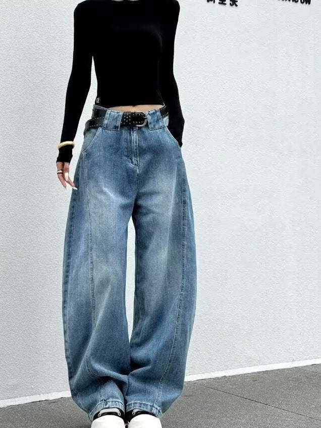 Kvinnors Högmidjade Tvättade Barrel Leg Denim Jeans