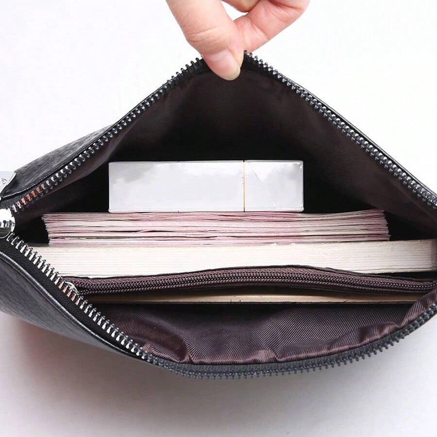 Herrars läderclutch plånbok, smal zip affärsbärväska