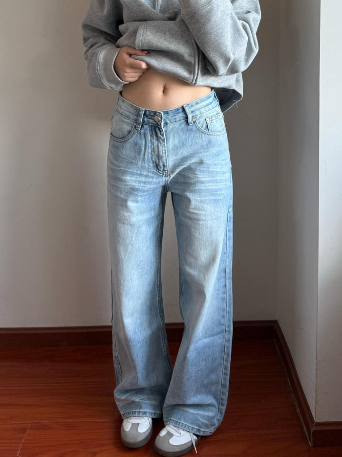 Kvinnors Högmidjade Tvättade Raka Ben Golvlånga Jeans