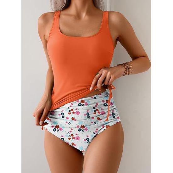 Kvinnors Tryckt Knyt Top Ruched Hög Midja Bikini Set