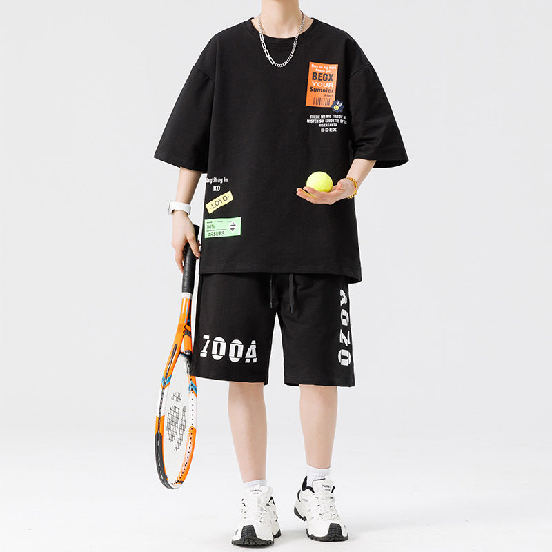 Herrens Tryckta Oversized T-shirt och Avslappnade Shorts Set
