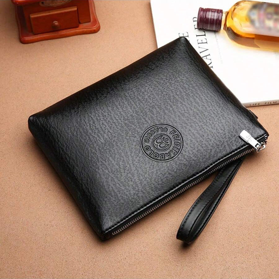 Herrars läderclutch plånbok, smal zip affärsbärväska