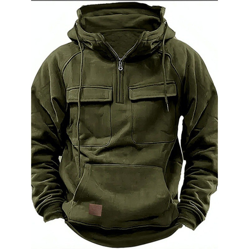 Herrars Utility Halv-Zip Hoodie – Multifickad Pullover för Avslappnad Utomhusbruk