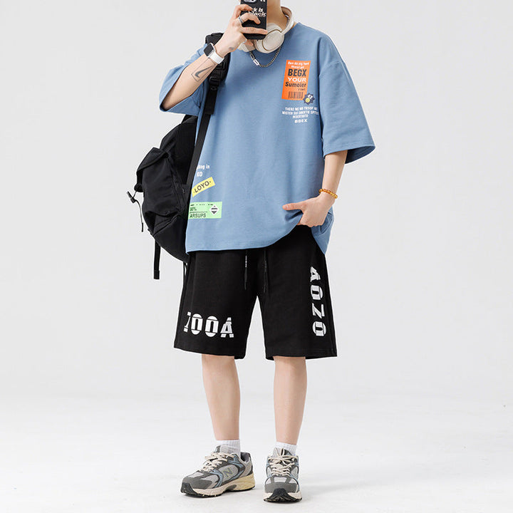 Herrens Tryckta Oversized T-shirt och Avslappnade Shorts Set