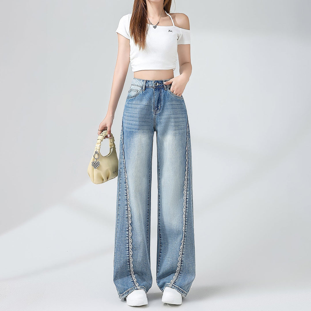 Kvinnors Denimjeans med Spetsdetaljer och Vid Ben