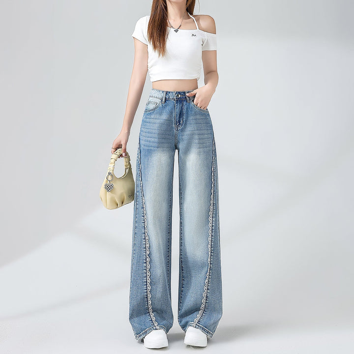 Kvinnors Denimjeans med Spetsdetaljer och Vid Ben