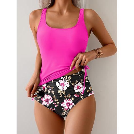 Kvinnors Tryckt Knyt Top Ruched Hög Midja Bikini Set
