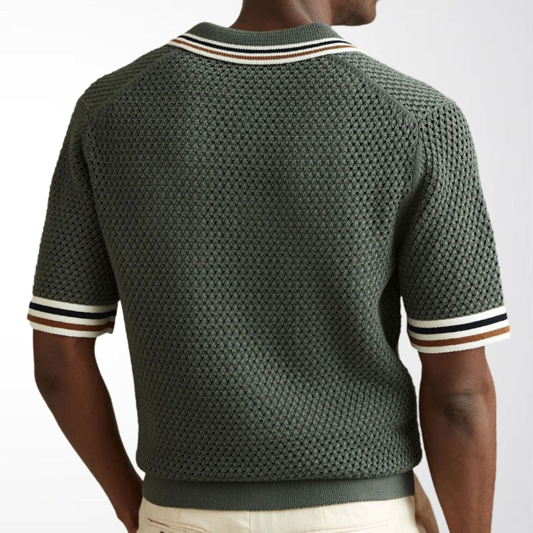 Herrens Texturerade Knit Polo Skjorta Med Randig Kant och Knäppning Fram