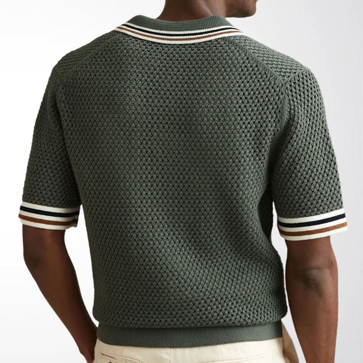 Herrens Texturerade Knit Polo Skjorta Med Randig Kant och Knäppning Fram
