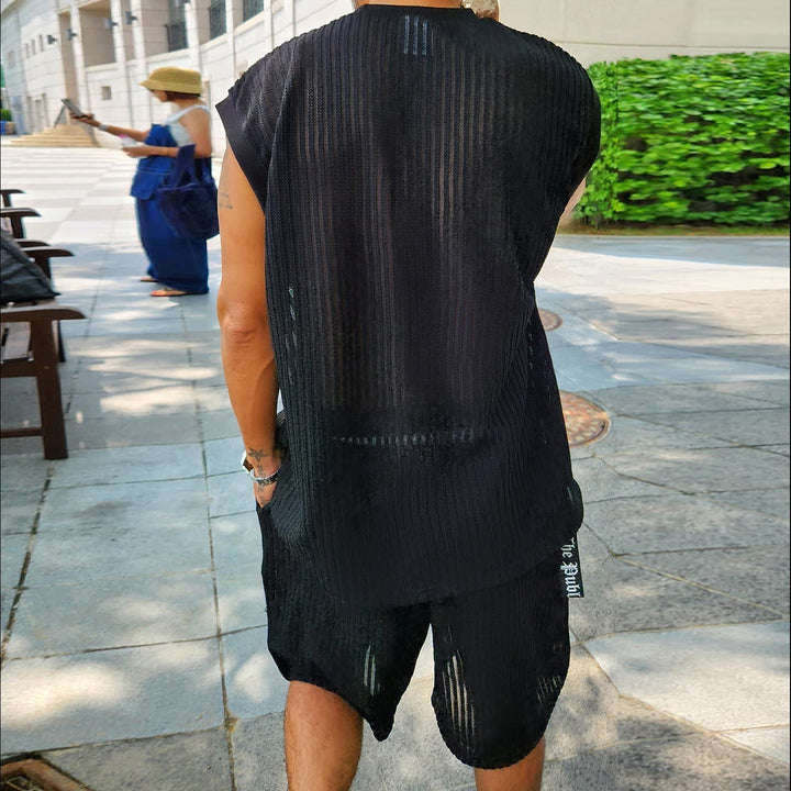 Mäns Texturerad Stickad Lounge Set Avslappnad Sommar Skjorta Och Shorts