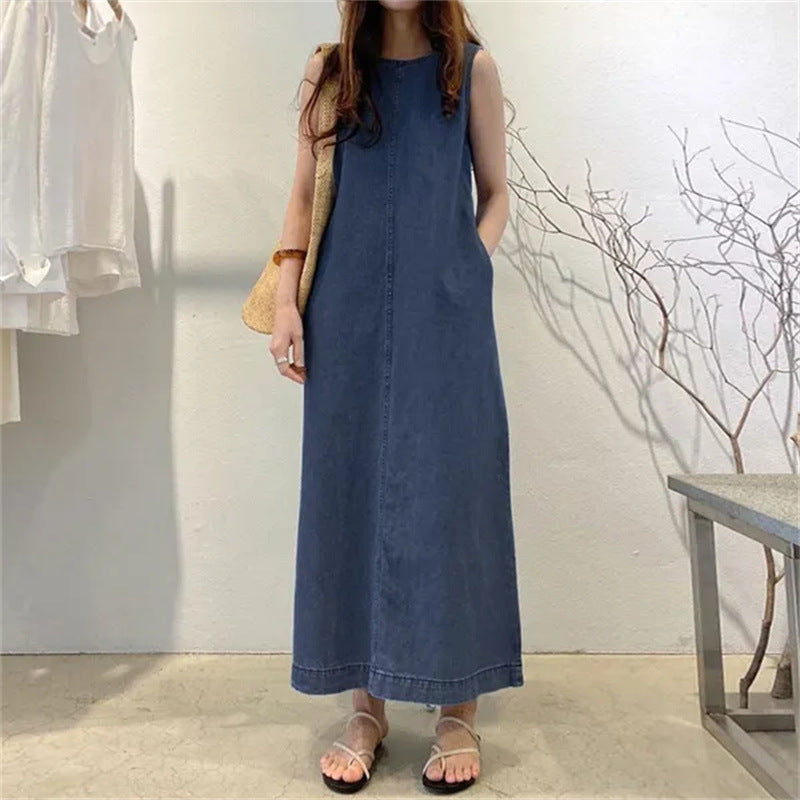Kvinnors ärmlös denim maxi shift avslappnad lounge klänning