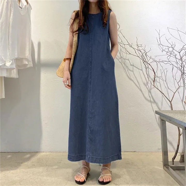 Kvinnors ärmlös denim maxi shift avslappnad lounge klänning