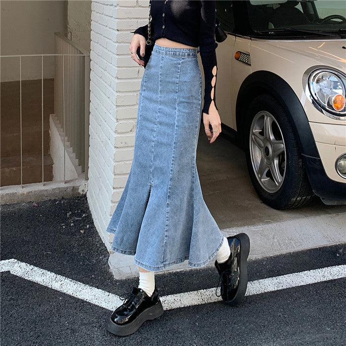 Dam Flared Jeanskjol med Hög Slits och A-linjeform