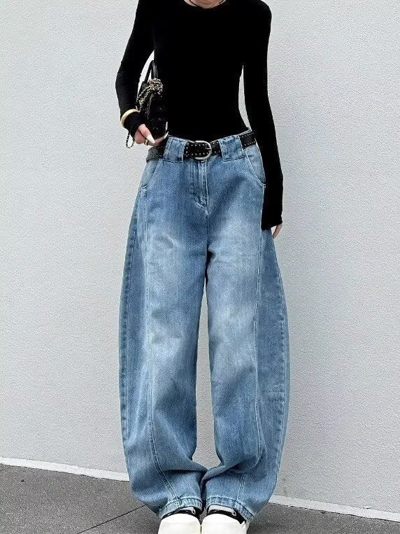 Kvinnors Högmidjade Tvättade Barrel Leg Denim Jeans