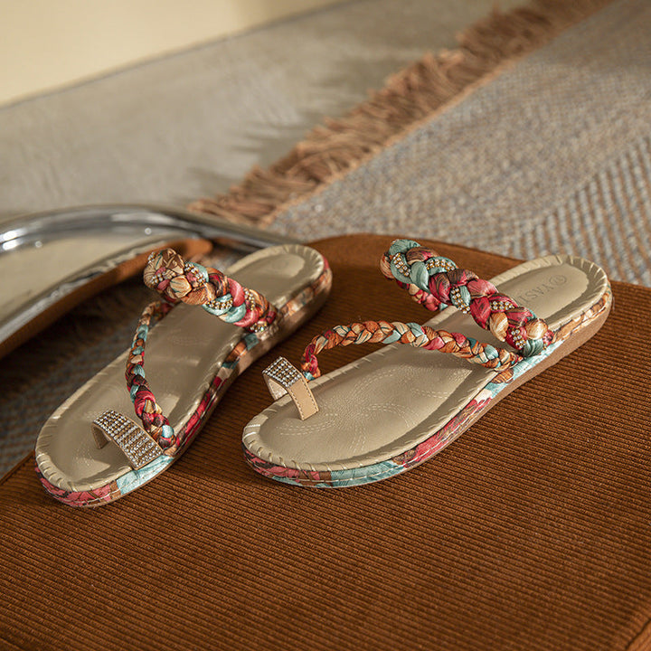Kvinnors Bohemiska Flätade Tåring Platta Sandaler