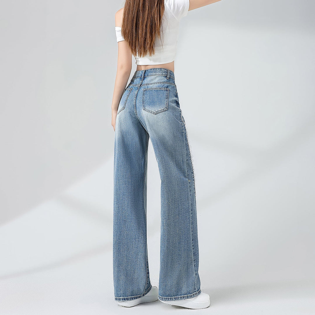 Kvinnors Denimjeans med Spetsdetaljer och Vid Ben