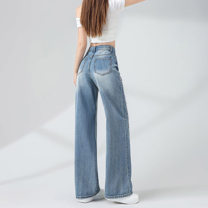 Kvinnors Denimjeans med Spetsdetaljer och Vid Ben