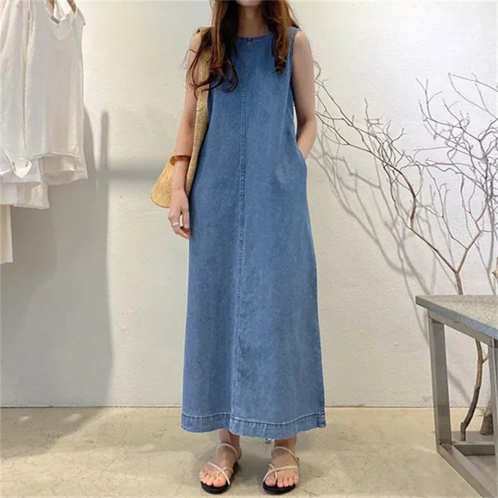 Kvinnors ärmlös denim maxi shift avslappnad lounge klänning