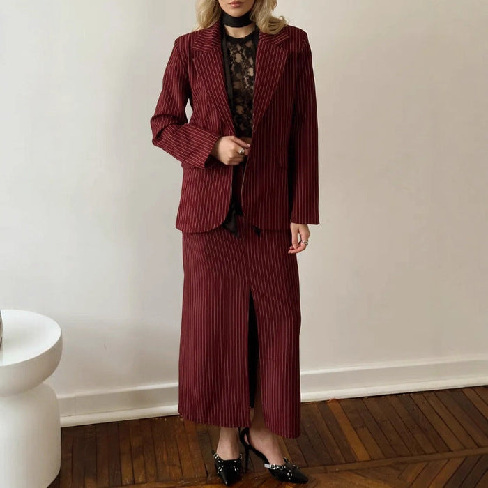 Dam Randig Tvådelad Kostymsats med Blazer och Kjol