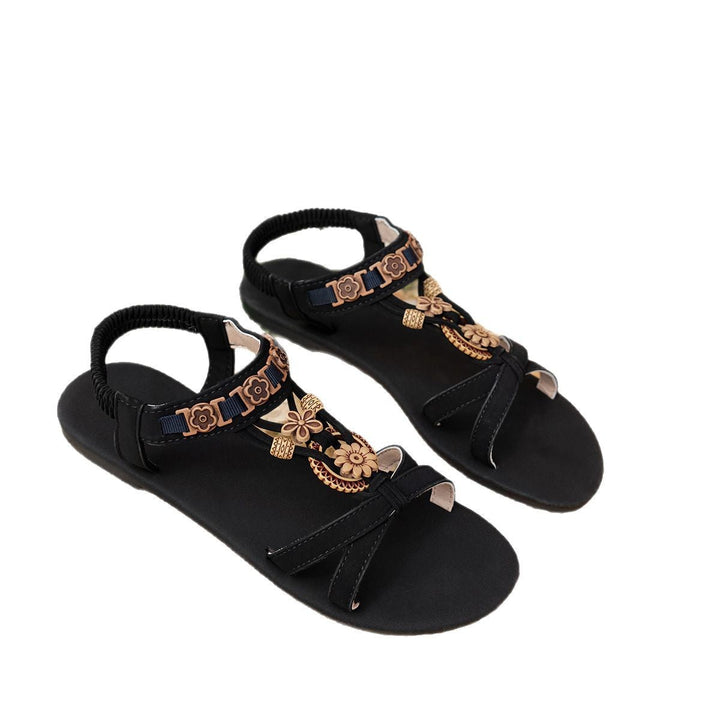 Kvinnors Tryckta T-Strap Platta Sommar Sandaler Med Elastisk Bak