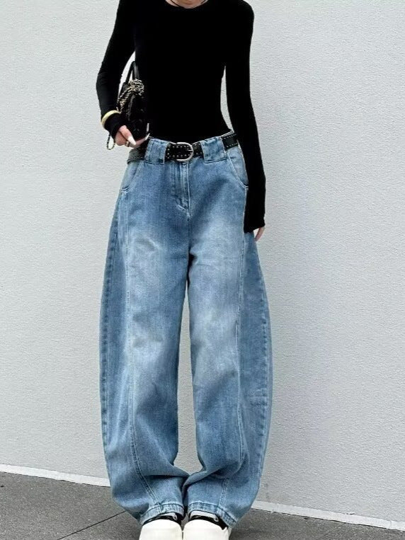 Kvinnors Högmidjade Tvättade Barrel Leg Denim Jeans