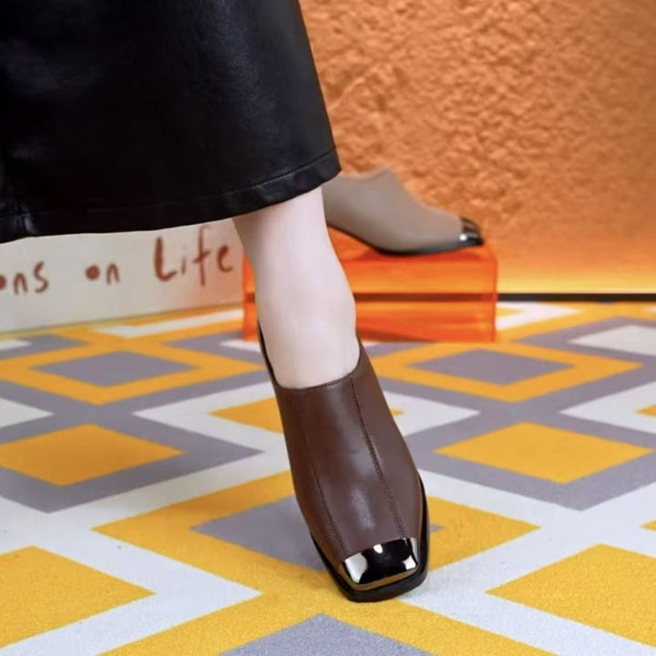 Damers Fyrkantiga Tå Läder Slip-On Blockklack Pumps