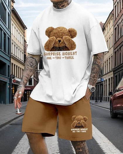 Herrens Tryckta Oversized T-shirt och Avslappnade Shorts Set