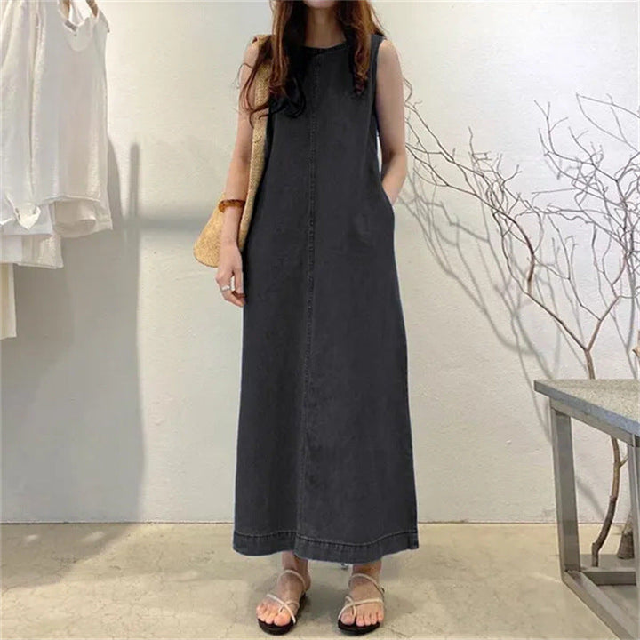 Kvinnors ärmlös denim maxi shift avslappnad lounge klänning