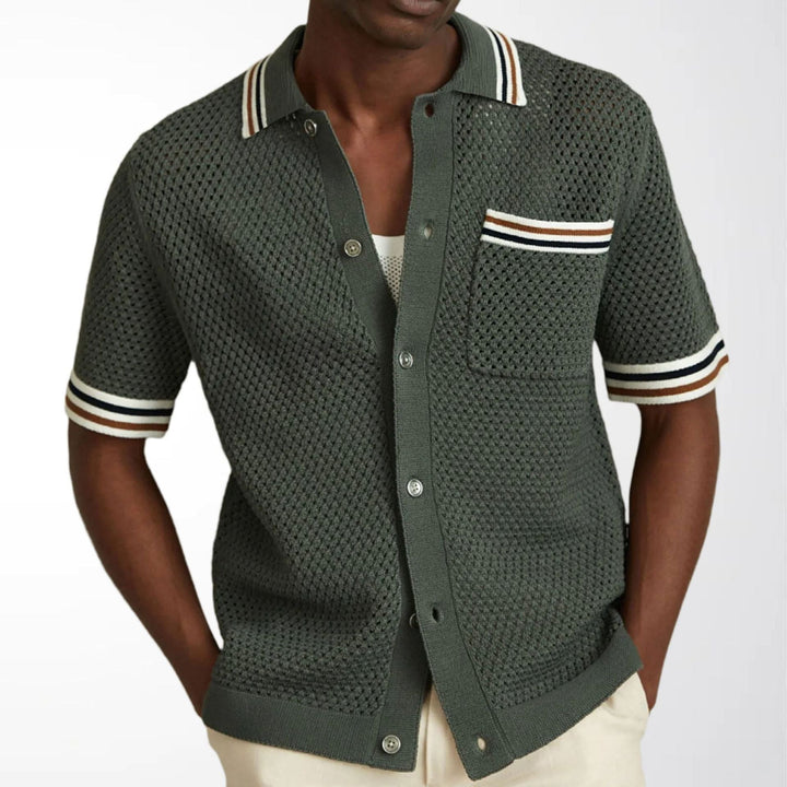 Herrens Texturerade Knit Polo Skjorta Med Randig Kant och Knäppning Fram
