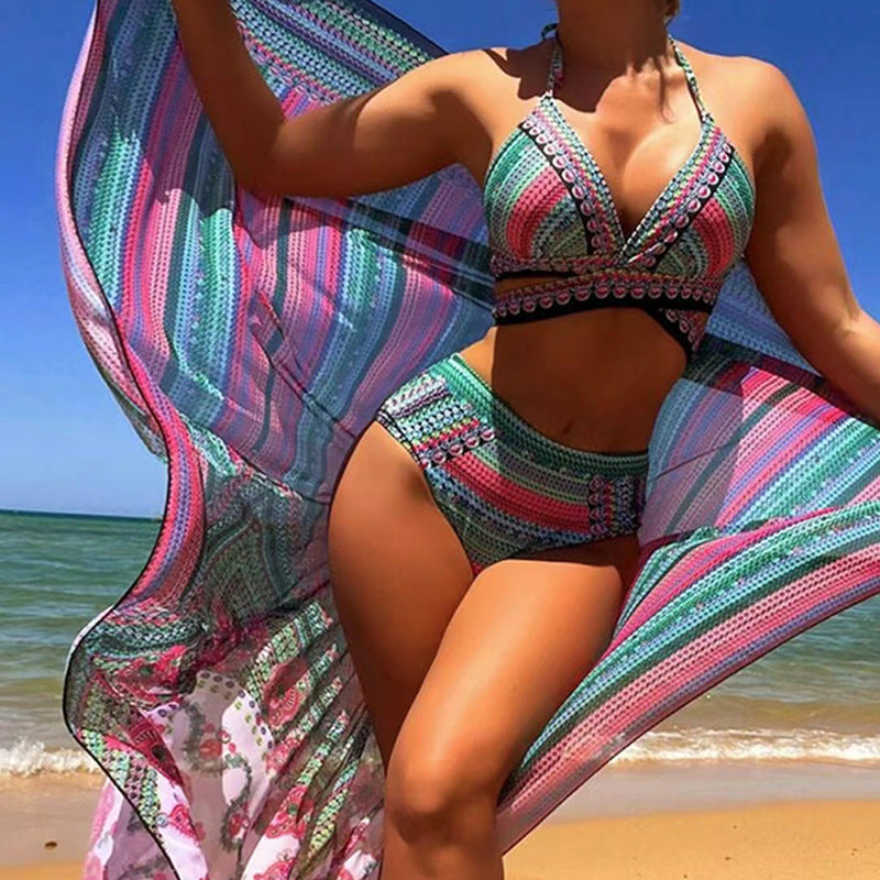 Kvinnors Tryckt Högmidjad Halterneck Bikini Set