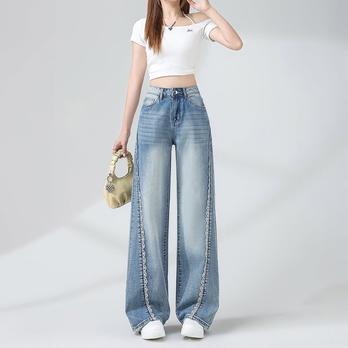 Kvinnors Denimjeans med Spetsdetaljer och Vid Ben