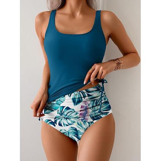 Kvinnors Tryckt Knyt Top Ruched Hög Midja Bikini Set
