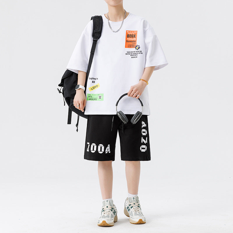 Herrens Tryckta Oversized T-shirt och Avslappnade Shorts Set