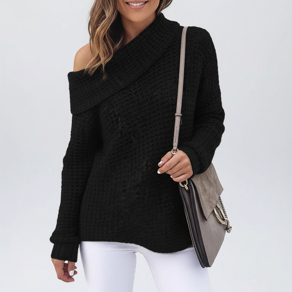 Kvinnors Off Shoulder Stickad Tröja Avslappnad Långärmad Passform