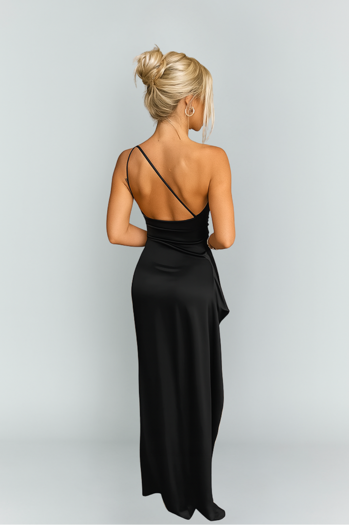 Kvinnors Satin Enaxlad Maxi Klänning Elegant Splits Formell Kväll Slim Fit Flödande Klänning