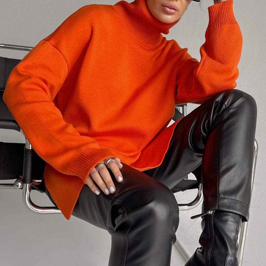 Kvinnors Turtleneck Tröja Avslappnad Passform Sidospalt Stickad Topp