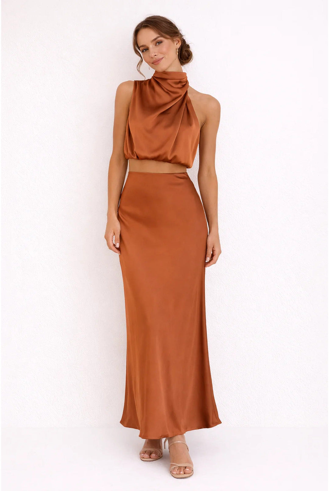 Kvinnors Siden Halterneck Top och Maxi Kjol Set